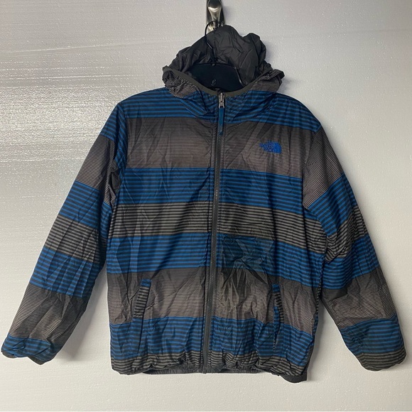 The North Face Puffer Jacket Boys L Striped Reversible Full Zip Hooded Winter